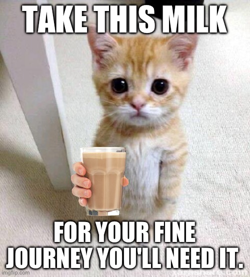 Cute Cat | TAKE THIS MILK; FOR YOUR FINE JOURNEY YOU'LL NEED IT. | image tagged in memes,cute cat | made w/ Imgflip meme maker