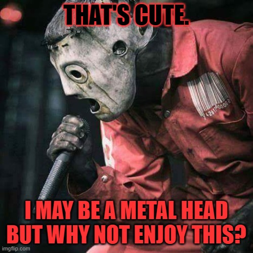 Slipknot | THAT'S CUTE. I MAY BE A METAL HEAD BUT WHY NOT ENJOY THIS? | image tagged in slipknot | made w/ Imgflip meme maker