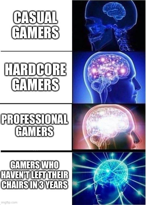 Expanding Brain | CASUAL GAMERS; HARDCORE GAMERS; PROFESSIONAL GAMERS; GAMERS WHO HAVEN'T LEFT THEIR CHAIRS IN 3 YEARS | image tagged in memes,expanding brain | made w/ Imgflip meme maker