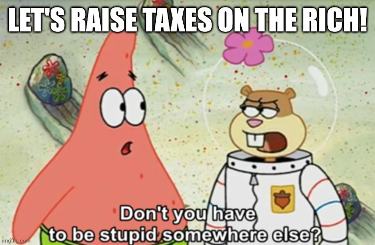 Yeah, they're TOTALLY not going to take their money elsewhere! | LET'S RAISE TAXES ON THE RICH! | image tagged in don't you have to be stupid somewhere else | made w/ Imgflip meme maker