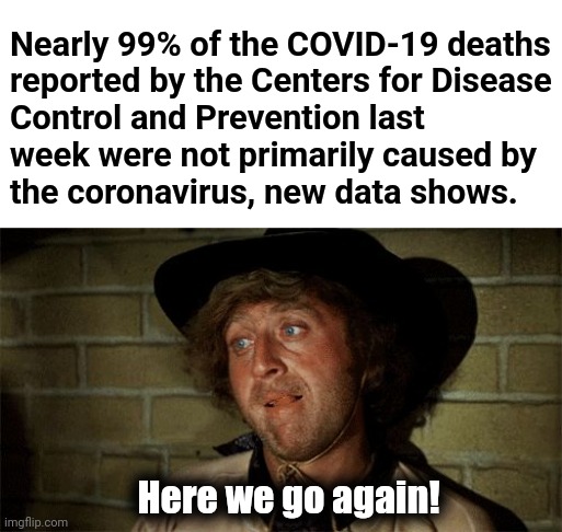 Died because a safe fell on you, but the spatter marks test positive?  That's a coronavirus death! | Nearly 99% of the COVID-19 deaths
reported by the Centers for Disease
Control and Prevention last
week were not primarily caused by
the coronavirus, new data shows. Here we go again! | image tagged in gene wilder,covid-19,democrats,joe biden | made w/ Imgflip meme maker