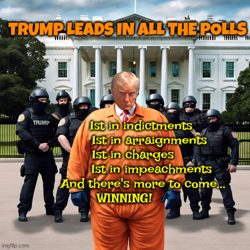 Trump leads in all the polls | TRUMP LEADS IN ALL THE POLLS; 1st in indictments
            1st in arraignments
    1st in charges
             1st in impeachments
         And there's more to come...
WINNING! | image tagged in donald trump,indicted,arraigned,charged,impeached,convicted felon | made w/ Imgflip meme maker