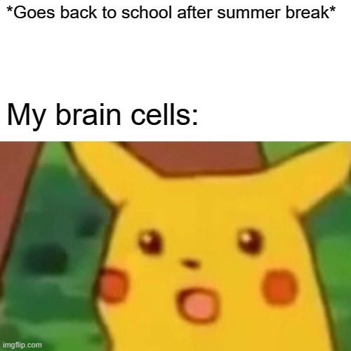 Surprised Pikachu | *Goes back to school after summer break*; My brain cells: | image tagged in memes,surprised pikachu | made w/ Imgflip meme maker