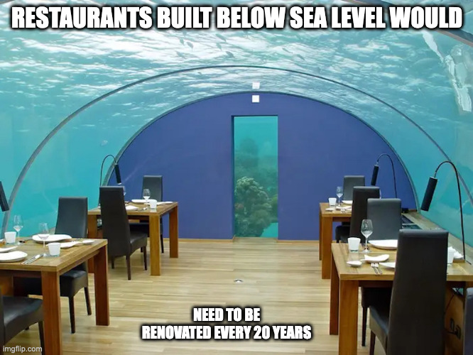 Undersea Restaurant | RESTAURANTS BUILT BELOW SEA LEVEL WOULD; NEED TO BE RENOVATED EVERY 20 YEARS | image tagged in restaurant,memes | made w/ Imgflip meme maker
