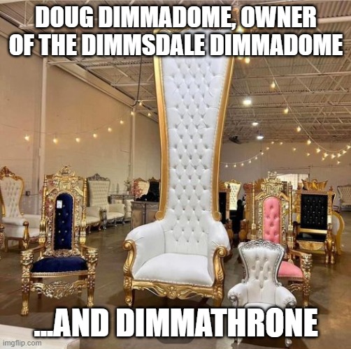 Dimmathrone | DOUG DIMMADOME, OWNER OF THE DIMMSDALE DIMMADOME; ...AND DIMMATHRONE | image tagged in funny,doug dimmadome,chair,throne,dimmadome,cartoons | made w/ Imgflip meme maker