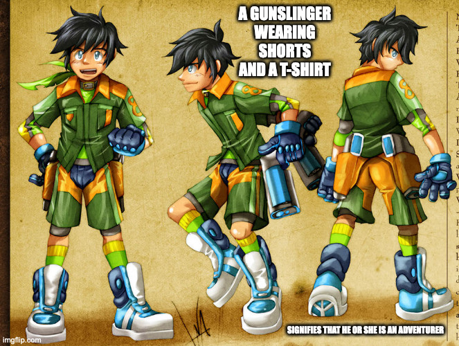 OC Gunslinger | A GUNSLINGER WEARING SHORTS AND A T-SHIRT; SIGNIFIES THAT HE OR SHE IS AN ADVENTURER | image tagged in oc,memes | made w/ Imgflip meme maker