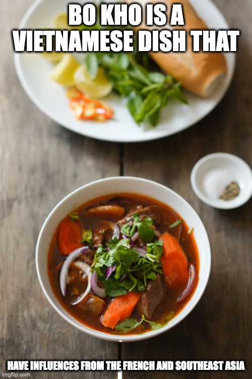 Bo Kho | BO KHO IS A VIETNAMESE DISH THAT; HAVE INFLUENCES FROM THE FRENCH AND SOUTHEAST ASIA | image tagged in food,memes | made w/ Imgflip meme maker