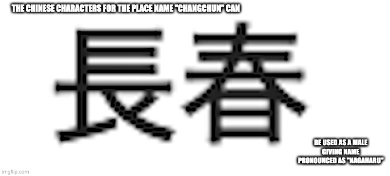 Nagaharu | THE CHINESE CHARACTERS FOR THE PLACE NAME "CHANGCHUN" CAN; BE USED AS A MALE GIVING NAME PRONOUNCED AS "NAGAHARU" | image tagged in names,memes | made w/ Imgflip meme maker