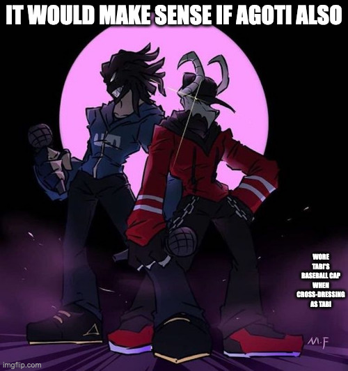 Tabi and Agoti Clothing Swap | IT WOULD MAKE SENSE IF AGOTI ALSO; WORE TABI'S BASEBALL CAP WHEN CROSS-DRESSING AS TABI | image tagged in friday night funkin,tabi,agoti,memes | made w/ Imgflip meme maker