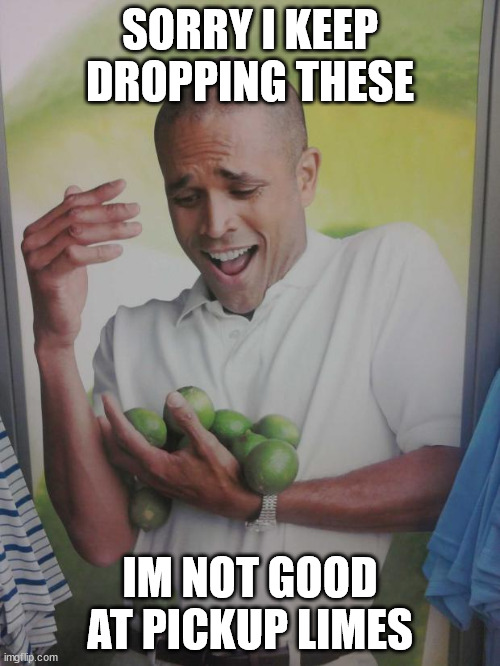 Why Can't I Hold All These Limes | SORRY I KEEP DROPPING THESE; IM NOT GOOD AT PICKUP LIMES | image tagged in memes,why can't i hold all these limes | made w/ Imgflip meme maker