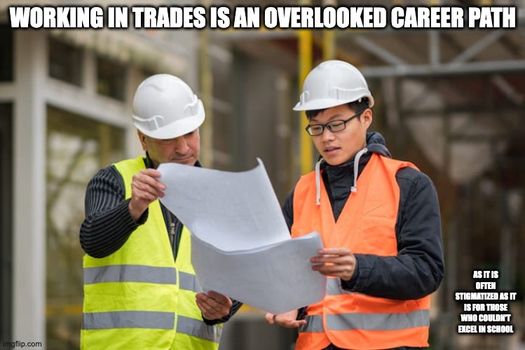 Trades | WORKING IN TRADES IS AN OVERLOOKED CAREER PATH; AS IT IS OFTEN STIGMATIZED AS IT IS FOR THOSE WHO COULDN'T EXCEL IN SCHOOL | image tagged in career,trade,memes | made w/ Imgflip meme maker