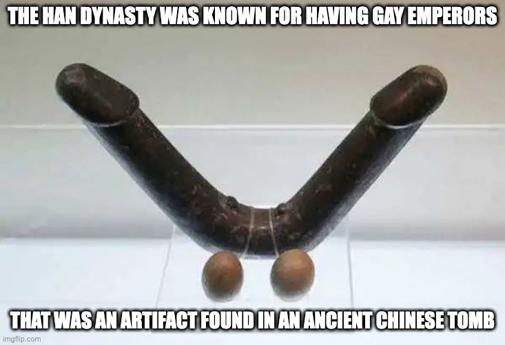 Double-Ended Dildo | THE HAN DYNASTY WAS KNOWN FOR HAVING GAY EMPERORS; THAT WAS AN ARTIFACT FOUND IN AN ANCIENT CHINESE TOMB | image tagged in dildo,memes | made w/ Imgflip meme maker