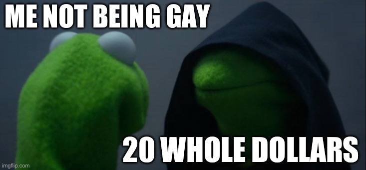 Evil Kermit | ME NOT BEING GAY; 20 WHOLE DOLLARS | image tagged in memes,evil kermit,fun | made w/ Imgflip meme maker