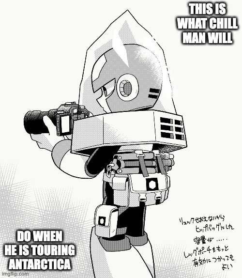 Chill Man With Camera | THIS IS WHAT CHILL MAN WILL; DO WHEN HE IS TOURING ANTARCTICA | image tagged in chillman,megaman,memes | made w/ Imgflip meme maker