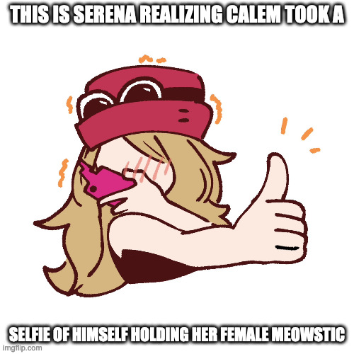 Blushing Serena | THIS IS SERENA REALIZING CALEM TOOK A; SELFIE OF HIMSELF HOLDING HER FEMALE MEOWSTIC | image tagged in serena,pokemon,memes | made w/ Imgflip meme maker