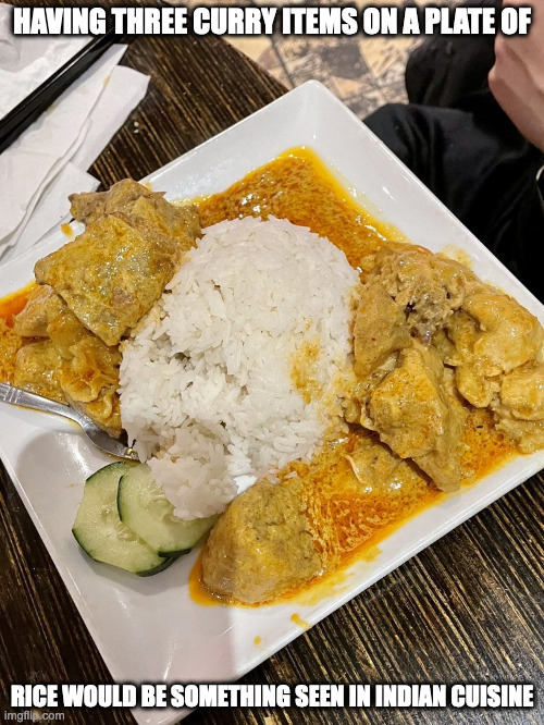 Combination Curry Rice | HAVING THREE CURRY ITEMS ON A PLATE OF; RICE WOULD BE SOMETHING SEEN IN INDIAN CUISINE | image tagged in food,memes | made w/ Imgflip meme maker