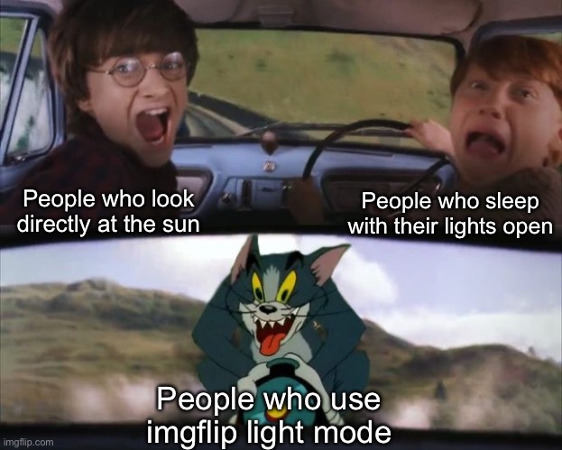 For some reason its the worst light mode of all light modes | People who sleep with their lights open; People who look directly at the sun; People who use imgflip light mode | image tagged in tom chasing harry and ron weasly,memes,funny,light mode | made w/ Imgflip meme maker