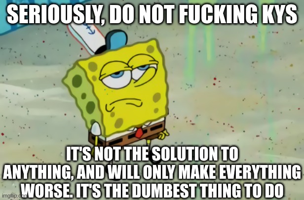 SpongeBob not scared | SERIOUSLY, DO NOT FUCKING KYS; IT'S NOT THE SOLUTION TO ANYTHING, AND WILL ONLY MAKE EVERYTHING WORSE. IT'S THE DUMBEST THING TO DO | image tagged in spongebob not scared | made w/ Imgflip meme maker