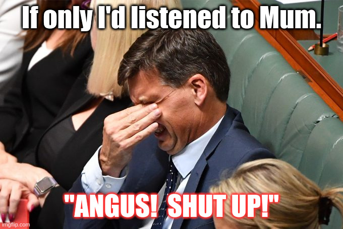 Angus Taylor Regrets | If only I'd listened to Mum. "ANGUS!  SHUT UP!" | made w/ Imgflip meme maker