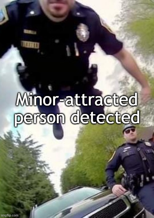Minor-Attracted Person Detected | Minor-attracted person detected | image tagged in officer flying pov,minors | made w/ Imgflip meme maker