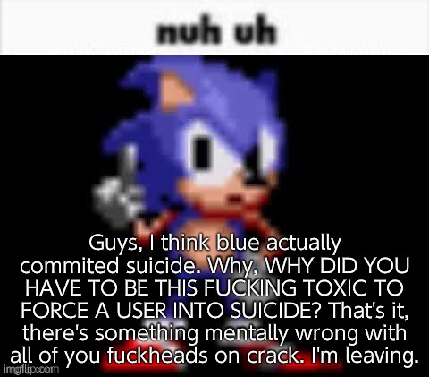 Good riddance | Guys, I think blue actually commited suicide. Why, WHY DID YOU HAVE TO BE THIS FUCKING TOXIC TO FORCE A USER INTO SUICIDE? That's it, there's something mentally wrong with all of you fuckheads on crack. I'm leaving. | image tagged in cd sonic nuh uh | made w/ Imgflip meme maker