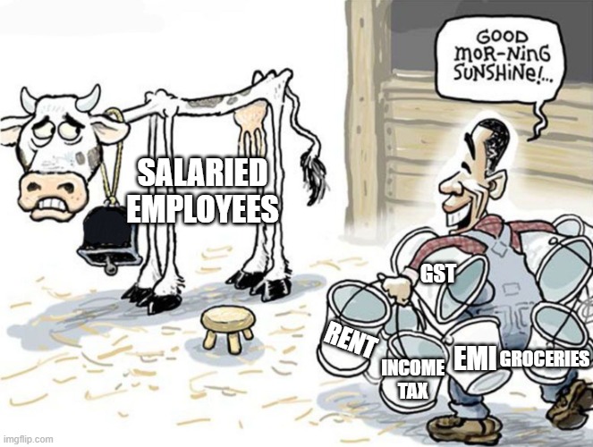 Salaried Employee Funny Meme | SALARIED EMPLOYEES; GST; RENT; EMI; GROCERIES; INCOME TAX | image tagged in milking the cow | made w/ Imgflip meme maker