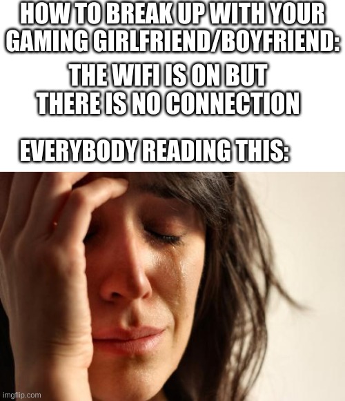 ;( | HOW TO BREAK UP WITH YOUR GAMING GIRLFRIEND/BOYFRIEND:; THE WIFI IS ON BUT THERE IS NO CONNECTION; EVERYBODY READING THIS: | image tagged in memes,first world problems | made w/ Imgflip meme maker