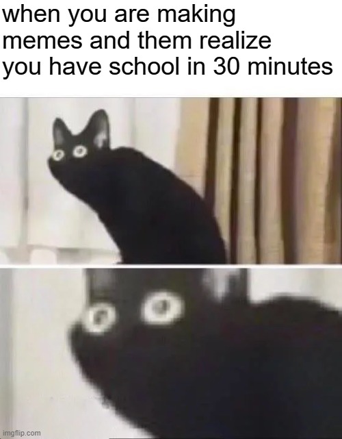 well shi-poopypoopy | when you are making memes and them realize you have school in 30 minutes | image tagged in oh no black cat | made w/ Imgflip meme maker