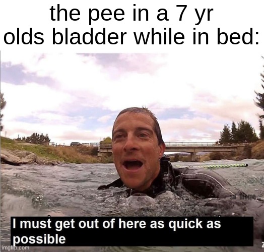 when i made this i laughed lolllll | the pee in a 7 yr olds bladder while in bed: | image tagged in bear grylls | made w/ Imgflip meme maker