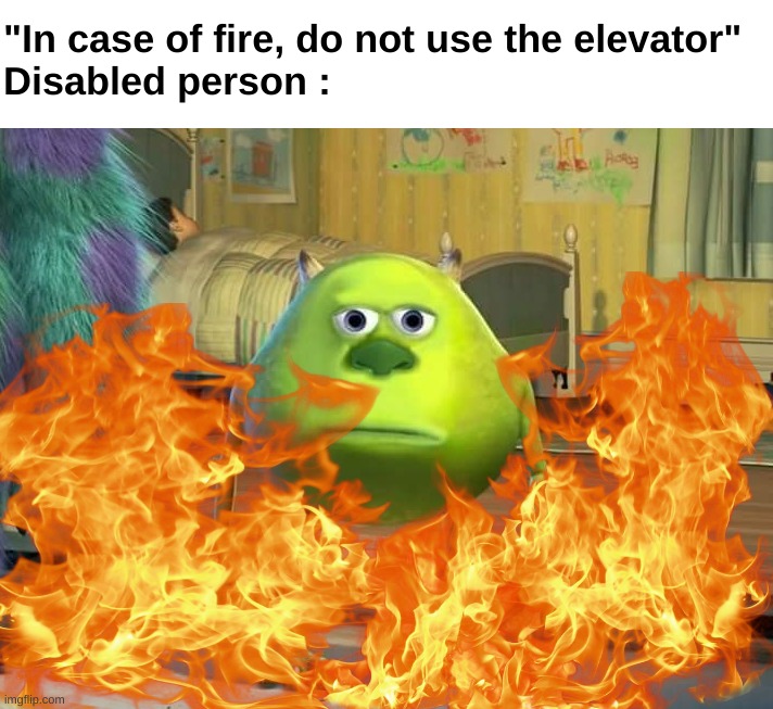 hehehehaw | "In case of fire, do not use the elevator"
Disabled person : | image tagged in memes,funny,disabled,dark,elevator,front page plz | made w/ Imgflip meme maker