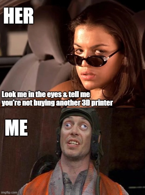 Look me in the eyes | HER; Look me in the eyes & tell me you're not buying another 3D printer; ME | image tagged in michelle rodriguez,looks good to me,3d printing | made w/ Imgflip meme maker
