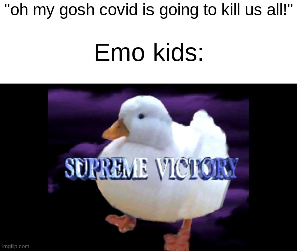 Supreme Victory Duck | "oh my gosh covid is going to kill us all!"; Emo kids: | image tagged in supreme victory duck | made w/ Imgflip meme maker