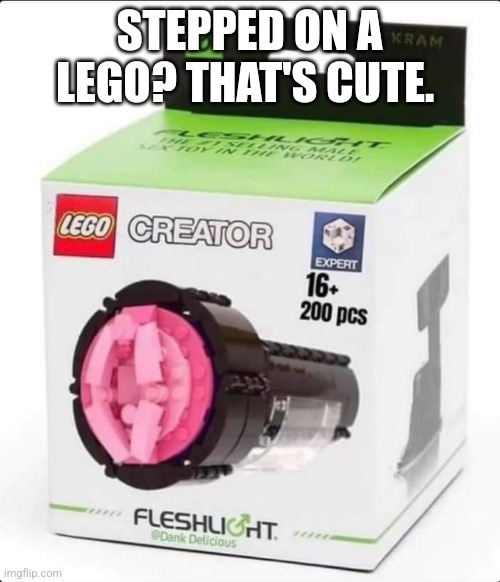 Lego fleshlight | STEPPED ON A LEGO? THAT'S CUTE. | image tagged in nsfw,lego,adult humor | made w/ Imgflip meme maker