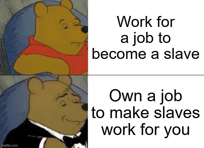 Tuxedo Winnie The Pooh | Work for a job to become a slave; Own a job to make slaves work for you | image tagged in memes,tuxedo winnie the pooh,funny,funny memes | made w/ Imgflip meme maker