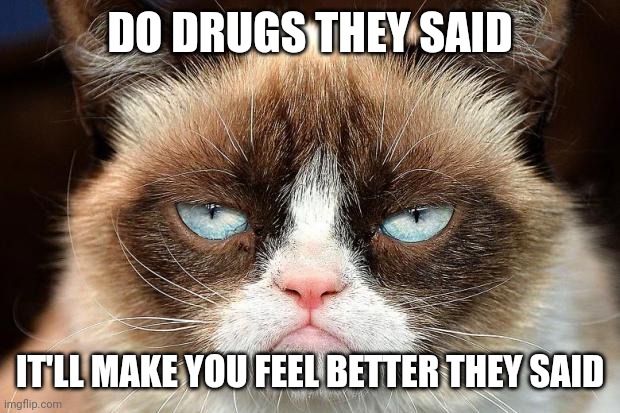 Grumpy Cat Not Amused Meme | DO DRUGS THEY SAID; IT'LL MAKE YOU FEEL BETTER THEY SAID | image tagged in memes,grumpy cat not amused,grumpy cat | made w/ Imgflip meme maker