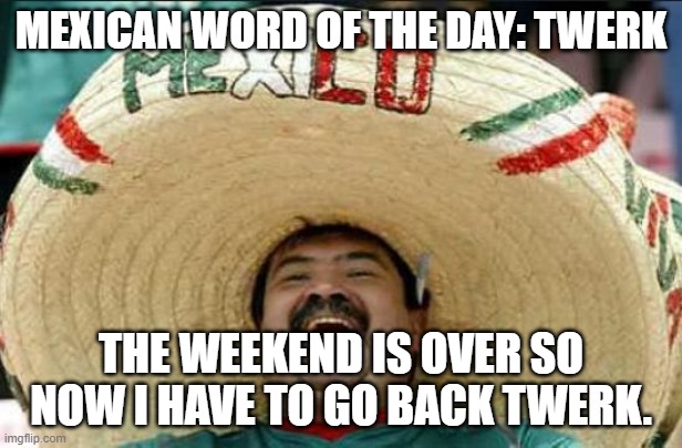 Twerk | MEXICAN WORD OF THE DAY: TWERK; THE WEEKEND IS OVER SO NOW I HAVE TO GO BACK TWERK. | image tagged in mexican word of the day | made w/ Imgflip meme maker