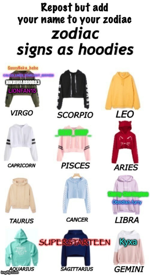 Which one are you - repost and add username | LIONFAN15 | image tagged in zodiacs signs as hoodies | made w/ Imgflip meme maker