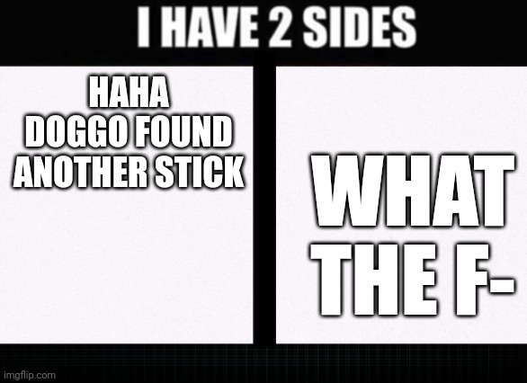 I have two sides | HAHA DOGGO FOUND ANOTHER STICK WHAT THE F- | image tagged in i have two sides | made w/ Imgflip meme maker