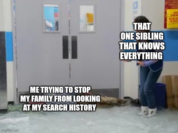 Meme | THAT ONE SIBLING THAT KNOWS EVERYTHING; ME TRYING TO STOP MY FAMILY FROM LOOKING AT MY SEARCH HISTORY | image tagged in superstore glenn stopping the flood waters | made w/ Imgflip meme maker