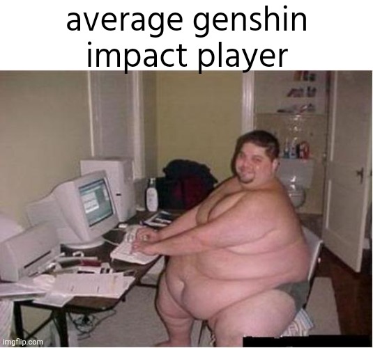 I touch grass everyday. | average genshin impact player | image tagged in really fat guy on computer | made w/ Imgflip meme maker