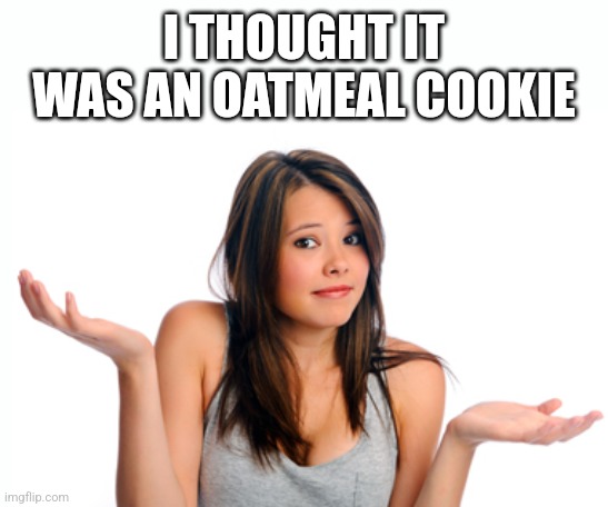 Shrug girl | I THOUGHT IT WAS AN OATMEAL COOKIE | image tagged in shrug girl | made w/ Imgflip meme maker