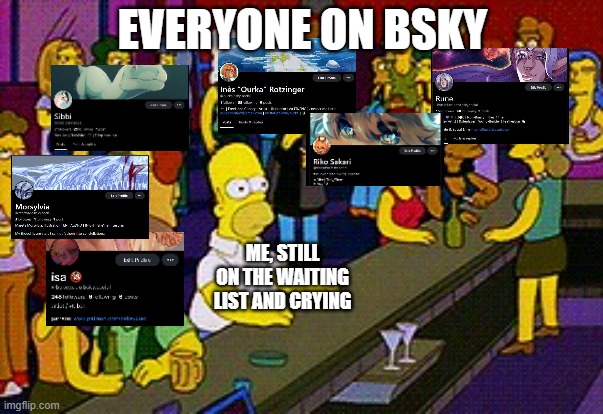 Everyone on BlueSky | EVERYONE ON BSKY; ME, STILL ON THE WAITING LIST AND CRYING | image tagged in homer bar | made w/ Imgflip meme maker