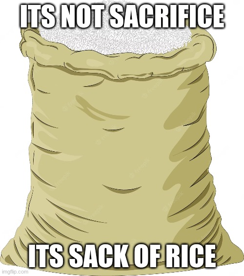 ITS NOT SACRIFICE; ITS SACK OF RICE | image tagged in rice | made w/ Imgflip meme maker