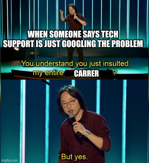 You insulted my entire race of people | WHEN SOMEONE SAYS TECH SUPPORT IS JUST GOOGLING THE PROBLEM; CARRER | image tagged in you insulted my entire race of people | made w/ Imgflip meme maker