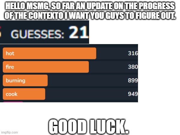 HELLO MSMG, SO FAR AN UPDATE ON THE PROGRESS OF THE CONTEXTO I WANT YOU GUYS TO FIGURE OUT. GOOD LUCK. | made w/ Imgflip meme maker