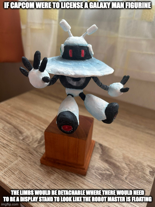 Fan-Made Galaxy Man Figurine | IF CAPCOM WERE TO LICENSE A GALAXY MAN FIGURINE; THE LIMBS WOULD BE DETACHABLE WHERE THERE WOULD NEED TO BE A DISPLAY STAND TO LOOK LIKE THE ROBOT MASTER IS FLOATING | image tagged in galaxyman,megaman,memes | made w/ Imgflip meme maker
