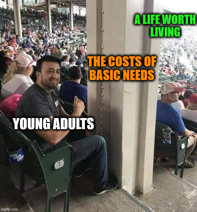 A LIFE WORTH
LIVING YOUNG ADULTS THE COSTS OF
BASIC NEEDS | image tagged in political meme | made w/ Imgflip meme maker