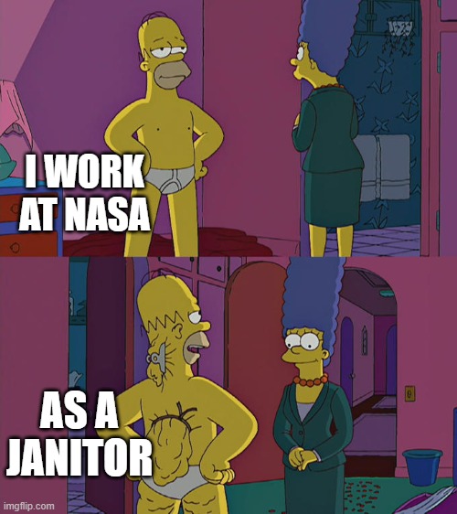 Honestly that would be cool too | I WORK AT NASA; AS A JANITOR | image tagged in homer simpson's back fat | made w/ Imgflip meme maker
