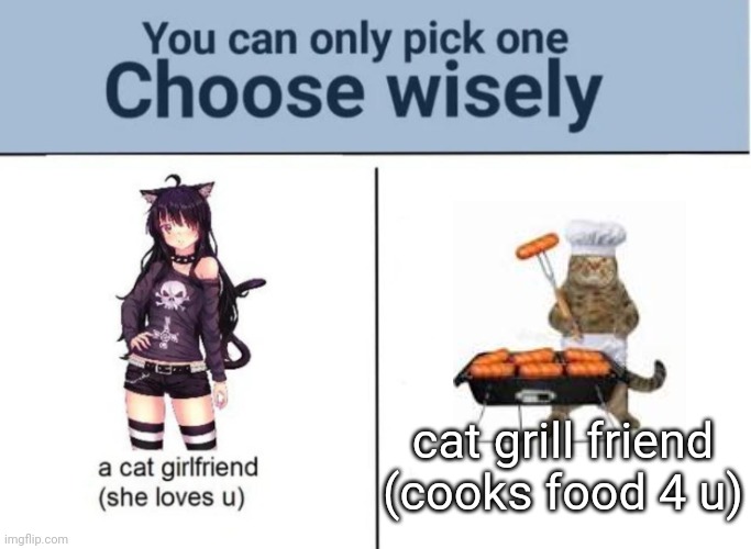 Choose wisely | cat grill friend
(cooks food 4 u) | image tagged in choose wisely | made w/ Imgflip meme maker