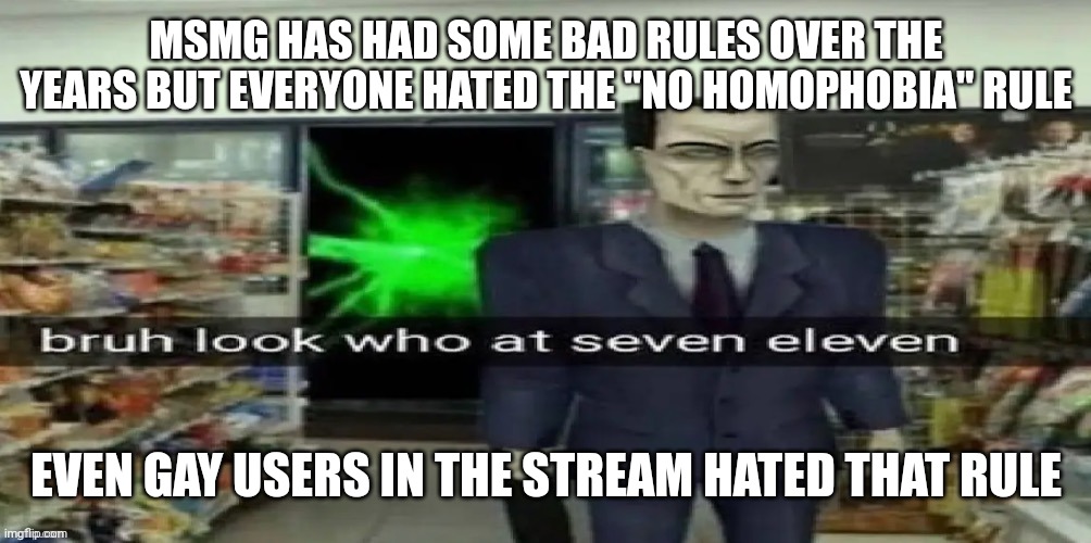 it was unfair because then owners had a reason to permaban you if you say you dont like lgbtq | MSMG HAS HAD SOME BAD RULES OVER THE YEARS BUT EVERYONE HATED THE "NO HOMOPHOBIA" RULE; EVEN GAY USERS IN THE STREAM HATED THAT RULE | made w/ Imgflip meme maker